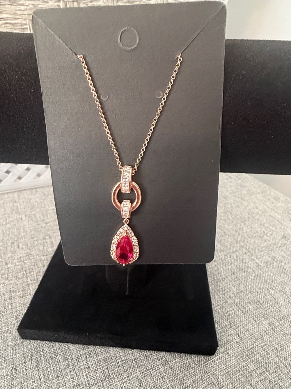 Rose Gold Teardrop Ruby-Color Pendant Necklace - Women Jewelry